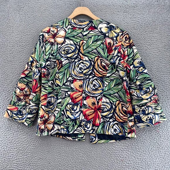 Coldwater Creek Jacket Womens 10 Green Multi Floral Pockets Ruched 3/4 Sleeves - Picture 3 of 10